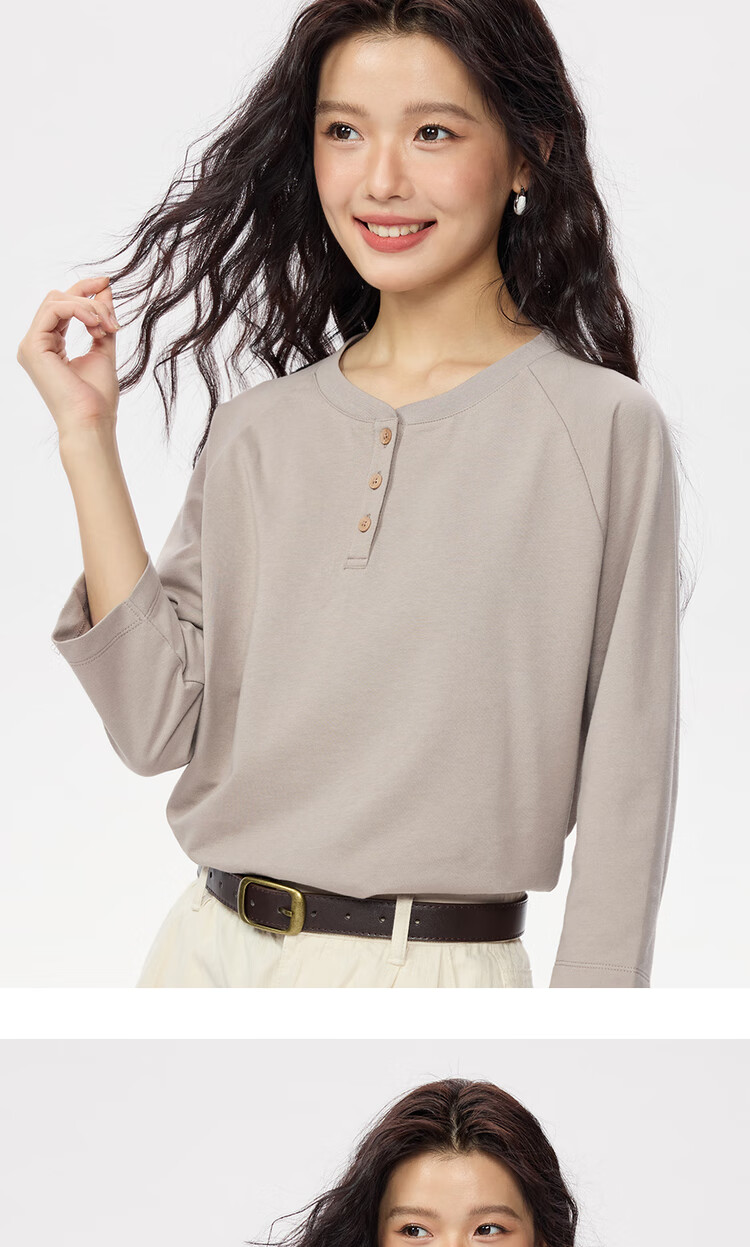 Zara Women's Autumn Pure Cotton American Style Henley Neck Drop Shoulder Seven-Quarter Sleeve Top 13325771 14