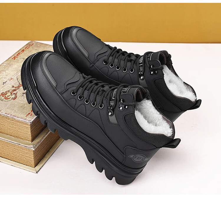 Hengyuanxiang Men's First Layer Cowhide Lace-up Martin Boots Autumn Winter Fleece-lined Cotton Shoes J6723 Black 39 6