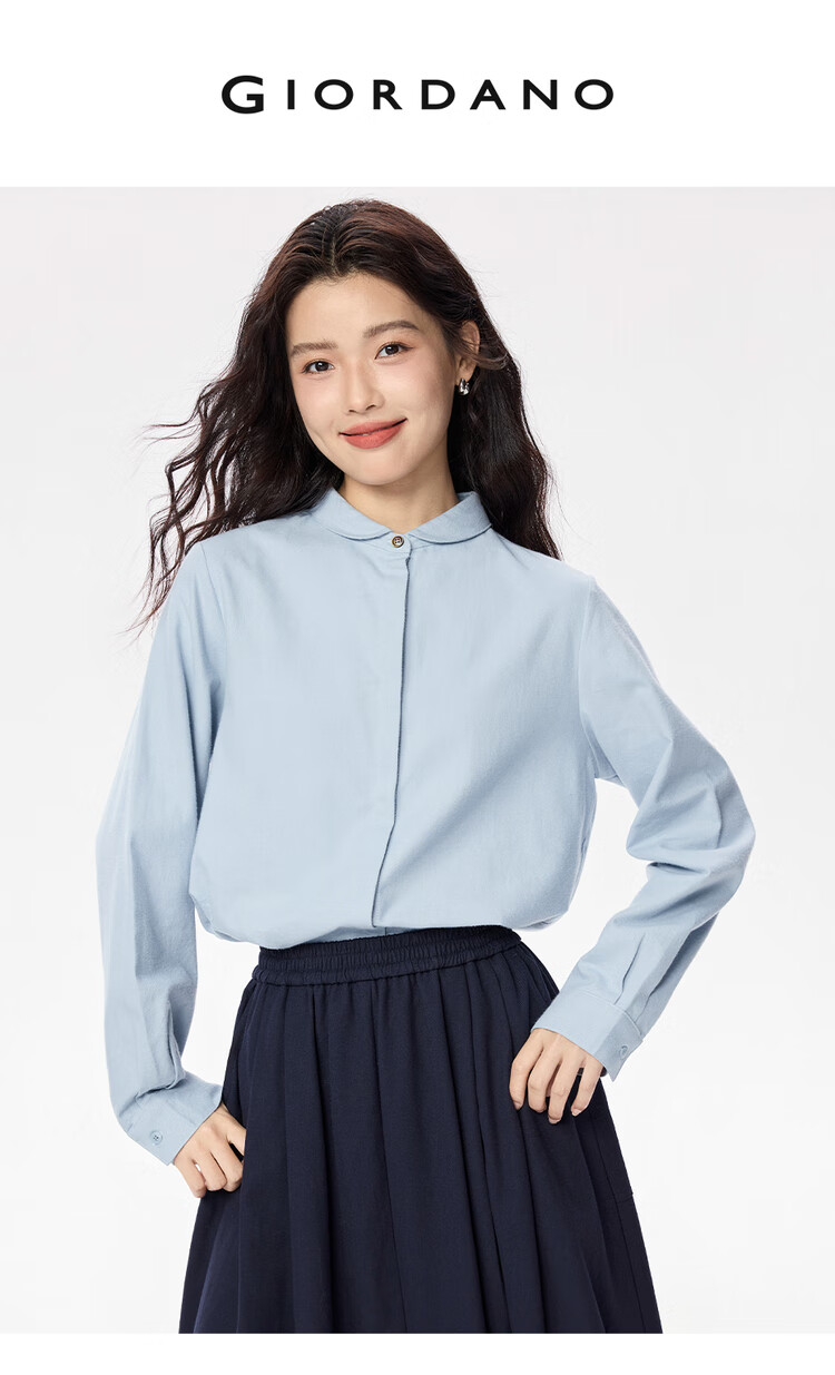 Giordano Women's Flannel Shirt Autumn Minimalist Commuter Pure Cotton Small Turn-down Collar Long Sleeve Shirt 05345873 2