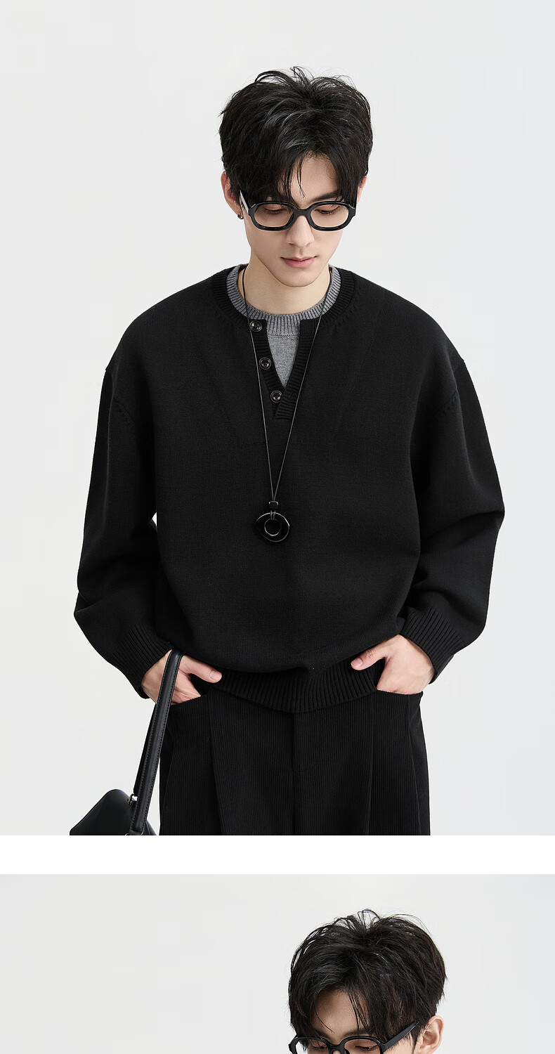 Earl Zuoer Wool Blend Two-in-One Henry Collar Autumn 2025 Long Sleeve Knit Base Shirt Men's Colorblock Sweater 28