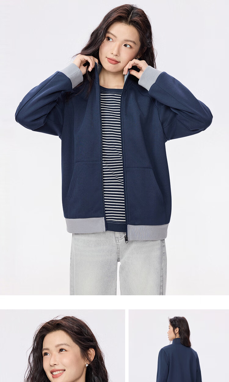 Giordano Women's Casual Autumn Winter Fleece Lined Zipper Jacket Colorblock Stand Collar Sweatshirt 05375885 11