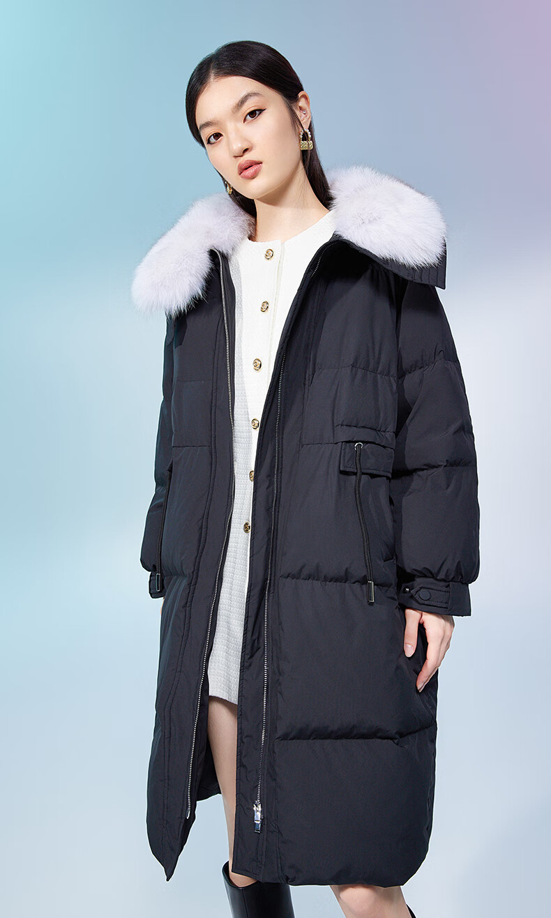 ochirly欧时力长款羽绒服女2022新款秋冬可拆狐狸毛领保暖大衣 黑色 m