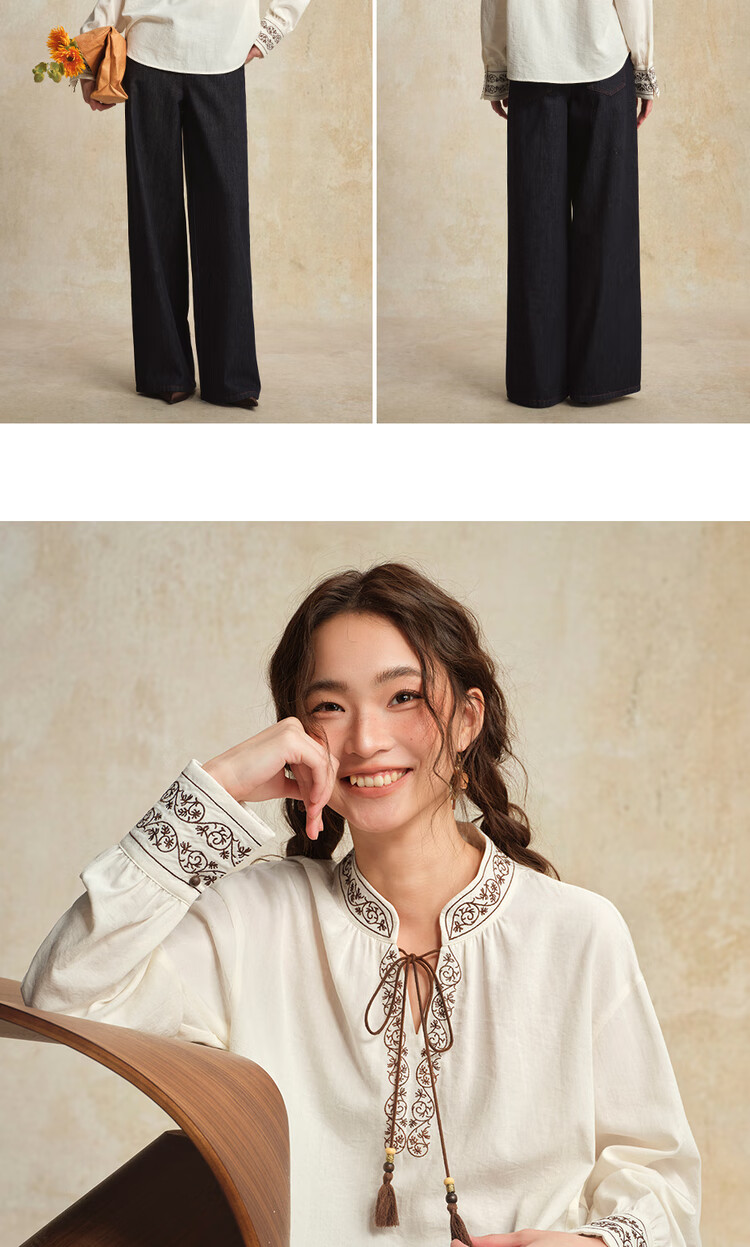 Giordano Designer Women's New Chinese Style Embroidered Tie-Up Stand Collar Loose Long Sleeve Shirt 18345828 11