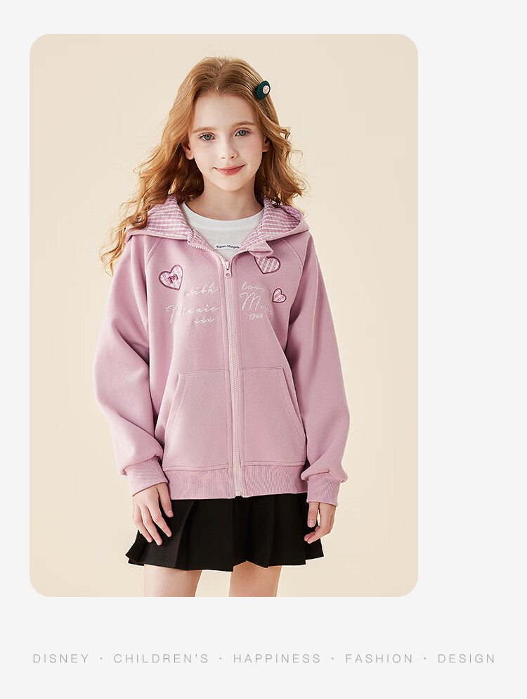 Disney Kids Jacket 2025 New Autumn Girls Plaid Hooded Casual Sweatshirt TD3ES031 Pink Size 160 3