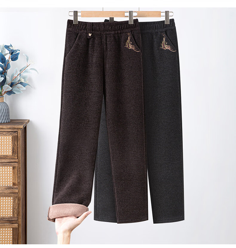 Hengyuanxiang Middle-aged Mom Winter New Thickened Fleece Lined Loose Straight Casual Pants Grandma Style Elastic High Waist Trousers 2