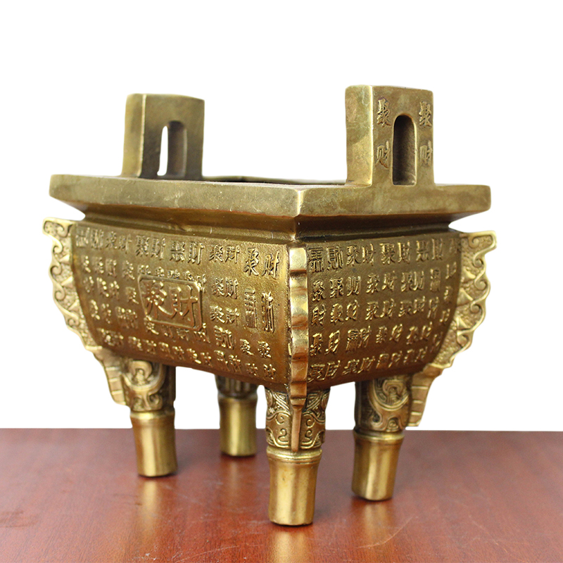 真全铜器纯铜鼎黄铜鼎聚字财字鼎四足鼎方鼎家居装饰工艺品摆件高50cm