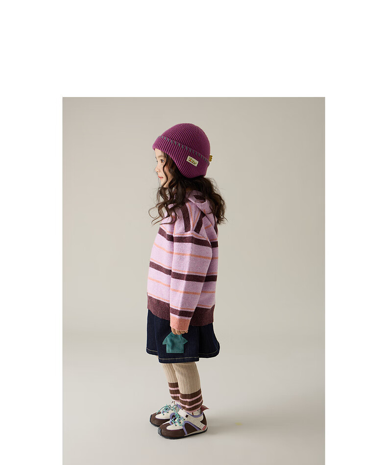 Papapapa Autumn Winter New Children's Sweater Boys and Girls Stylish Striped Hooded Loose Knit Pullover Pink Size 90 9