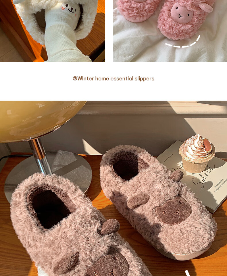 Runrou Women's Cotton Slippers Autumn Winter 2025 New Plush Warm Indoor Home Fuzzy Postpartum Closed-Heel Cotton Shoes 6