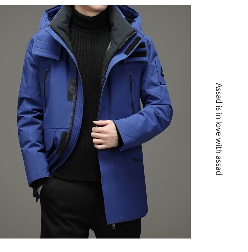 袋鼠男士中长款连帽羽绒服外套中青年男士简约时尚90%白鹅绒填充男士