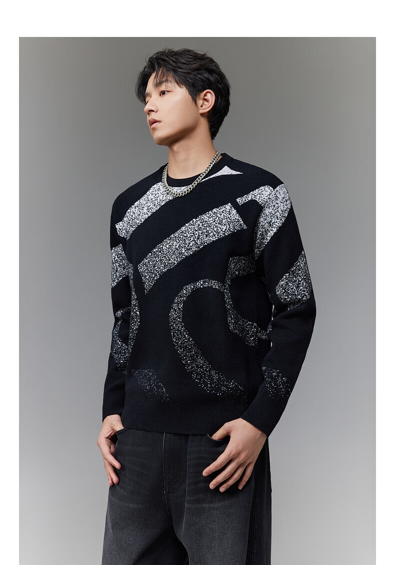 CABBEEN 100% Combed Cotton Men's Logo Geometric Colorblock Jacquard Winter Long Sleeve Sweater 7