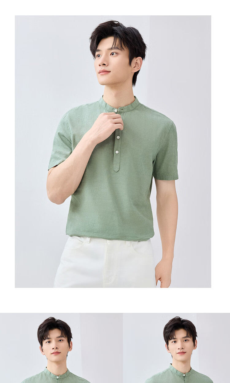 Giordano Men's Summer Breathable Linen Cotton Mandarin Collar Half-Open Short Sleeve Shirt 01045481 14
