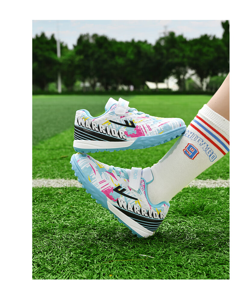 Huili Soccer Cleats with TF Studs, Velcro, No-Tie Design for Men, Women, Children, Students, Campus And Lawn Use, Model 572, Size 29, White And Navy Blue 13