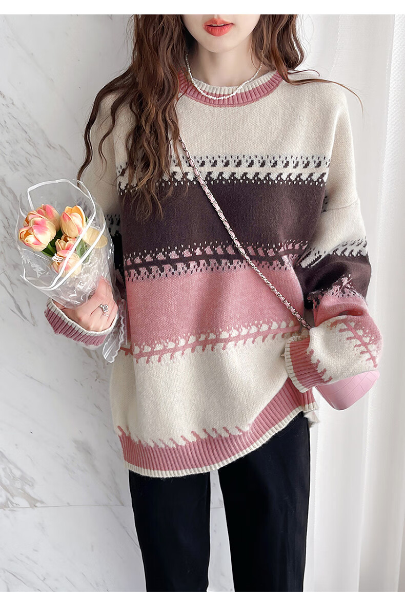 TonLion 2025 Autumn Women's Crew Neck Colorblock Wide Stripe Pullover Sweater Youthful Versatile Korean Casual Fashion 10