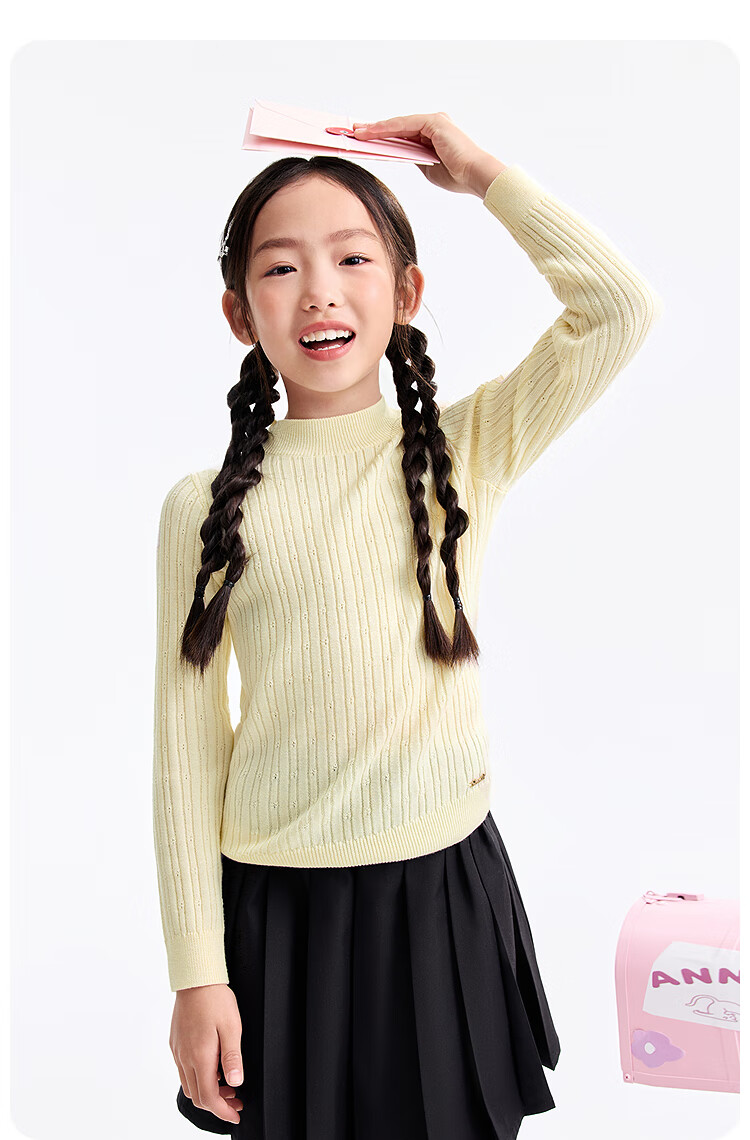 Annil Kids Girls' Mid-Neck Long Sleeve Knit Sweater 2025 Winter New Slim Fit Base Shirt Energetic Pink Size 150 5