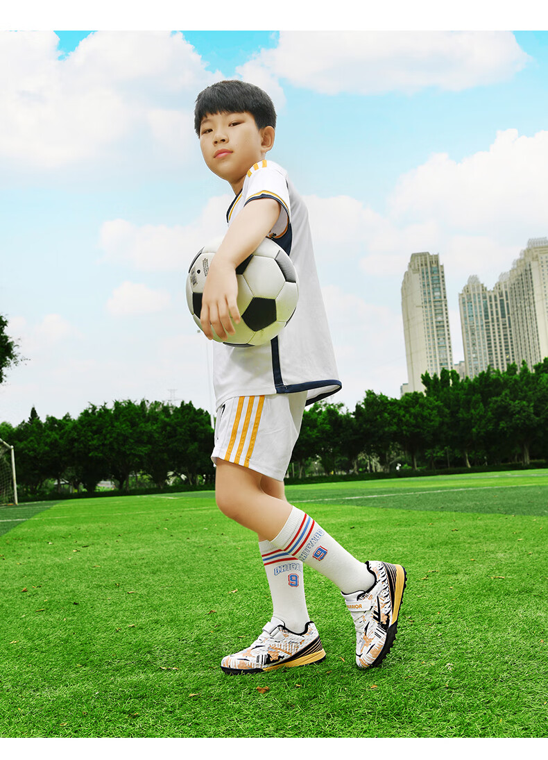 Huili Soccer Cleats with TF Studs, Velcro, No-Tie Design for Men, Women, Children, Students, Campus And Lawn Use, Model 572, Size 29, White And Navy Blue 23