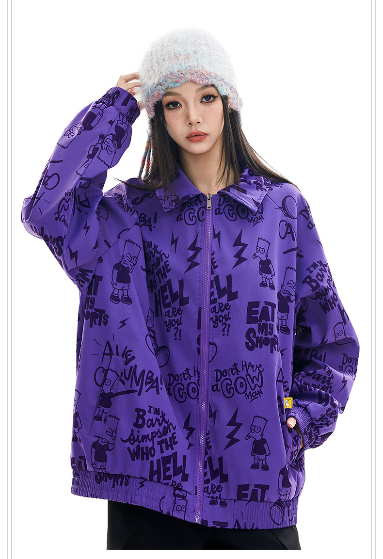 THE SIMPSONS Casual Loose Printed Polo Collar Trendy Unisex Jacket Purple Regular 2XL 5