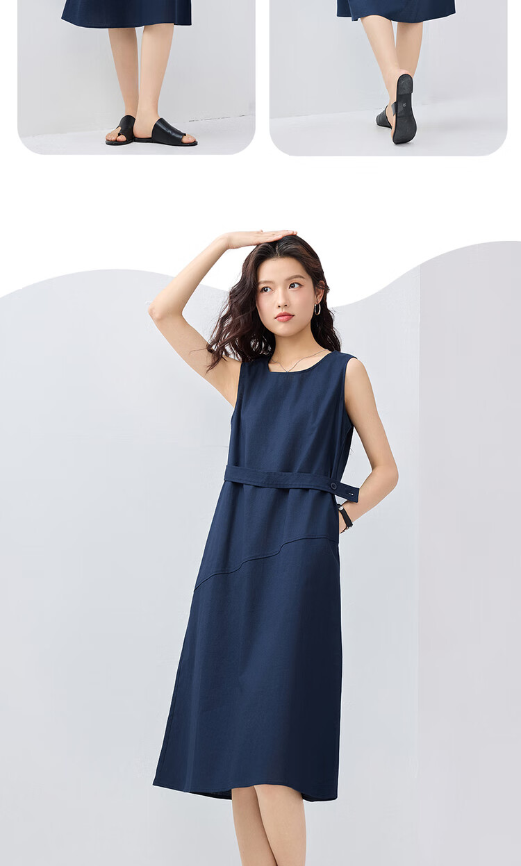 Giordano Women's Summer Dress, Lyocell Solid Color Waist Belt Round Neck Vest Dress 13465321 12