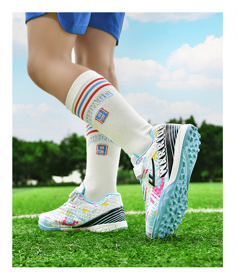 Huili Soccer Cleats with TF Studs, Velcro, No-Tie Design for Men, Women, Children, Students, Campus And Lawn Use, Model 572, Size 29, White And Navy Blue 15