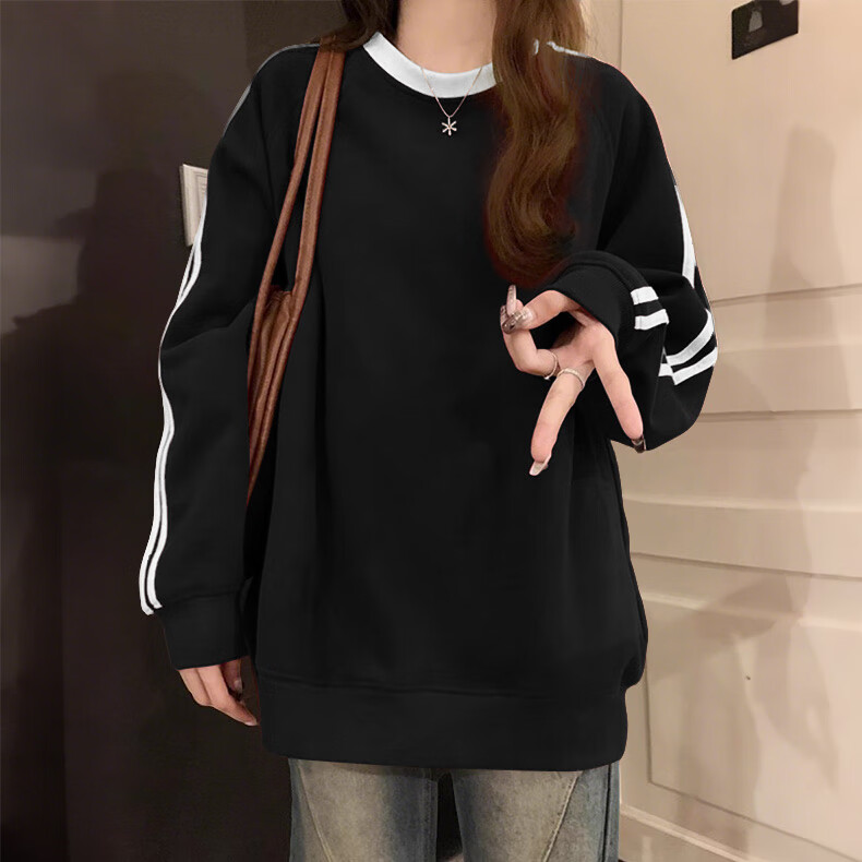 Jeanswest American Casual Navy Crew Neck Sweatshirt for Women 2026 Spring New Loose Fit Hoodless Long Sleeve Top with Two Stripes 9