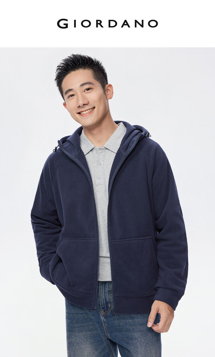 Giordano Men's Fleece Jacket Autumn Winter Kangaroo Pocket Loose Fit Hooded Zip-up 13075782 3