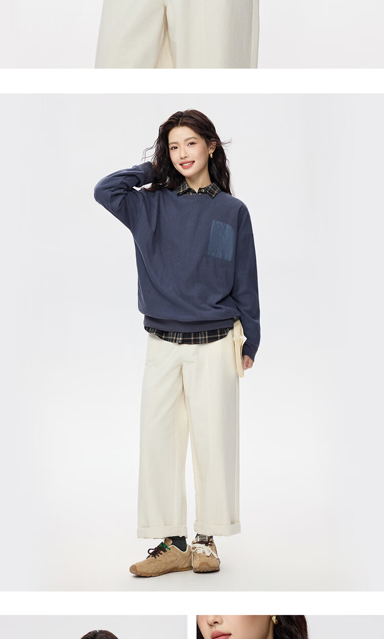 Giordano Women's Fleece Pullover Sweatshirt Autumn Winter New Patchwork Fake Pocket Crew Neck Fleece Top 05325816 11