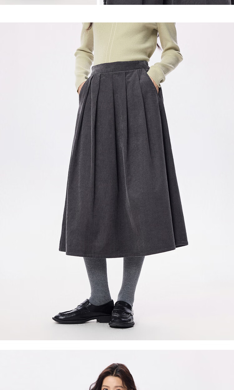 Giordano Women's Corduroy Umbrella Skirt Autumn Winter Pure Cotton Semi-Elastic Waist A-Line Pleated Skirt 05465672 15