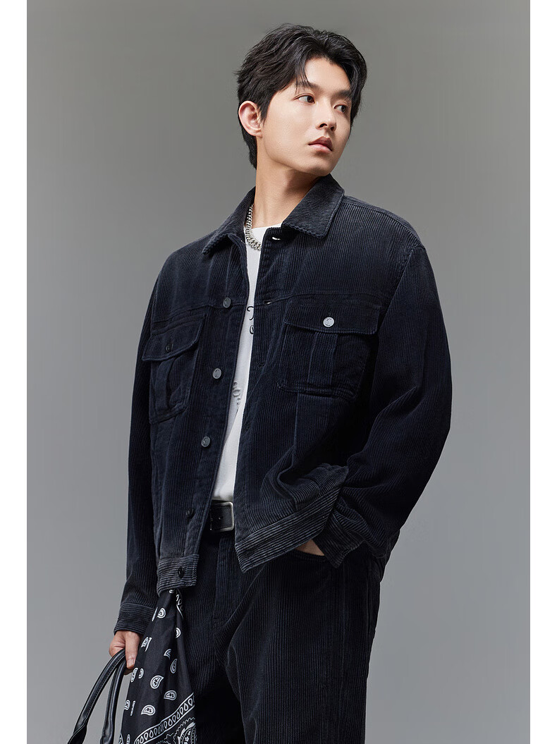 CABBEEN Black Corduroy Denim Jacket Men Gradient Washed Corduroy Denim Winter Coat 2