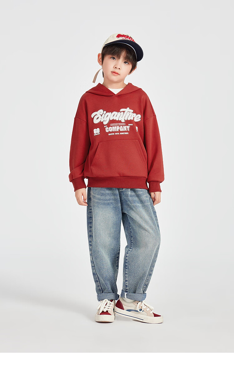 Duoduo Home [Kangaroo Pocket] Boys' Red Hoodie Sportswear Casual Spring American Letter Print Top for Older Children 14