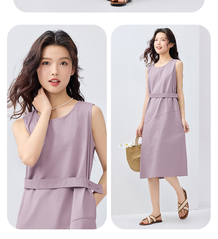 Giordano Women's Summer Dress, Lyocell Solid Color Waist Belt Round Neck Vest Dress 13465321 15