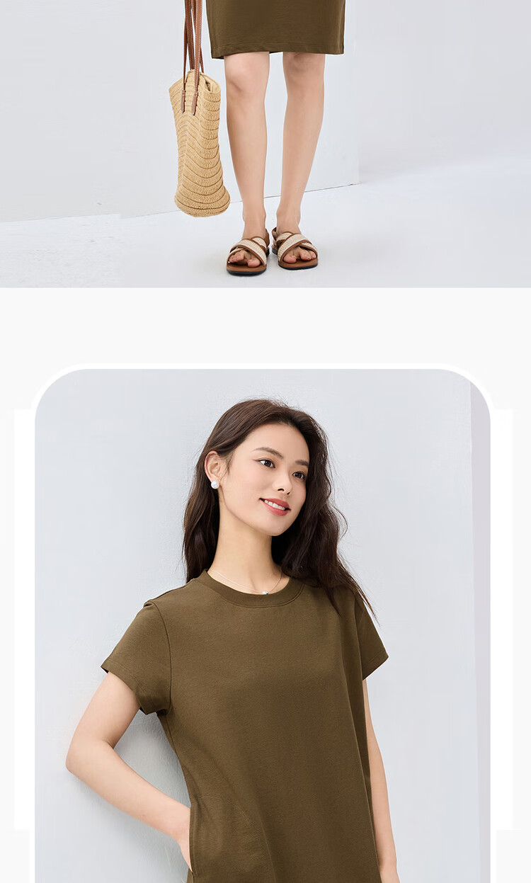 Giordano Women's Cotton Solid Color Semi-Circular Pocket Round Neck Short-Sleeve T-Shirt Dress 05465463 15