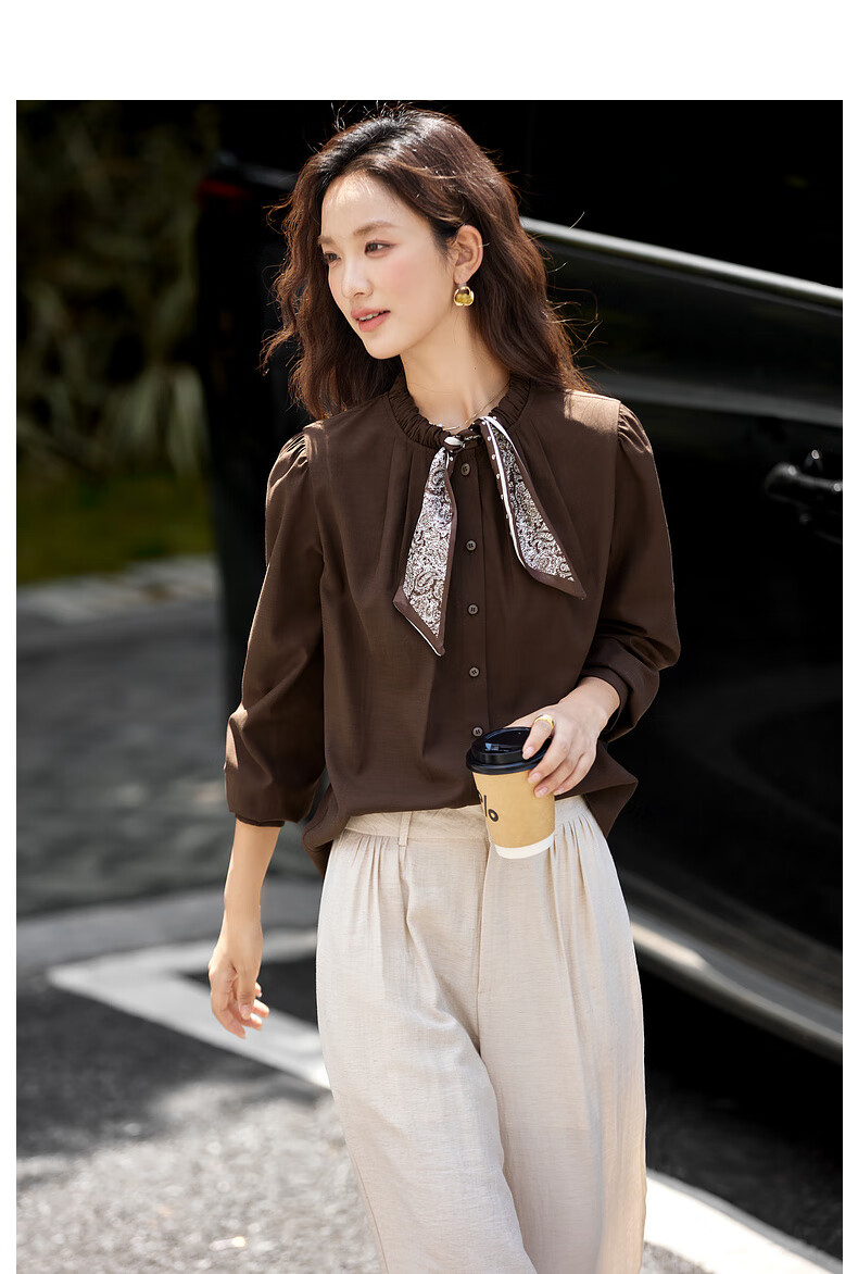Vimly Vintage Scarf Tie Round Neck Linen Blend Shirt Women Spring New Dark Roast Brown M 10