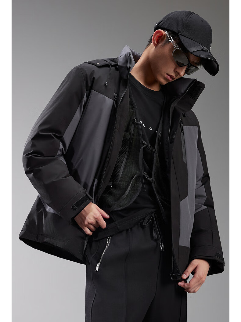 CABBEEN Men's Down Jacket with Three-Proof Fabric, Colorblock Design, Outdoor Detachable Hood Winter Coat 2