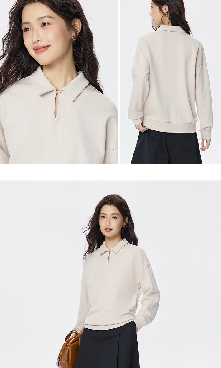 Giordano Women's Autumn Winter Solid Color Simple Lapel V-Neck Reversible Loose Pullover Sweatshirt 05325808 11