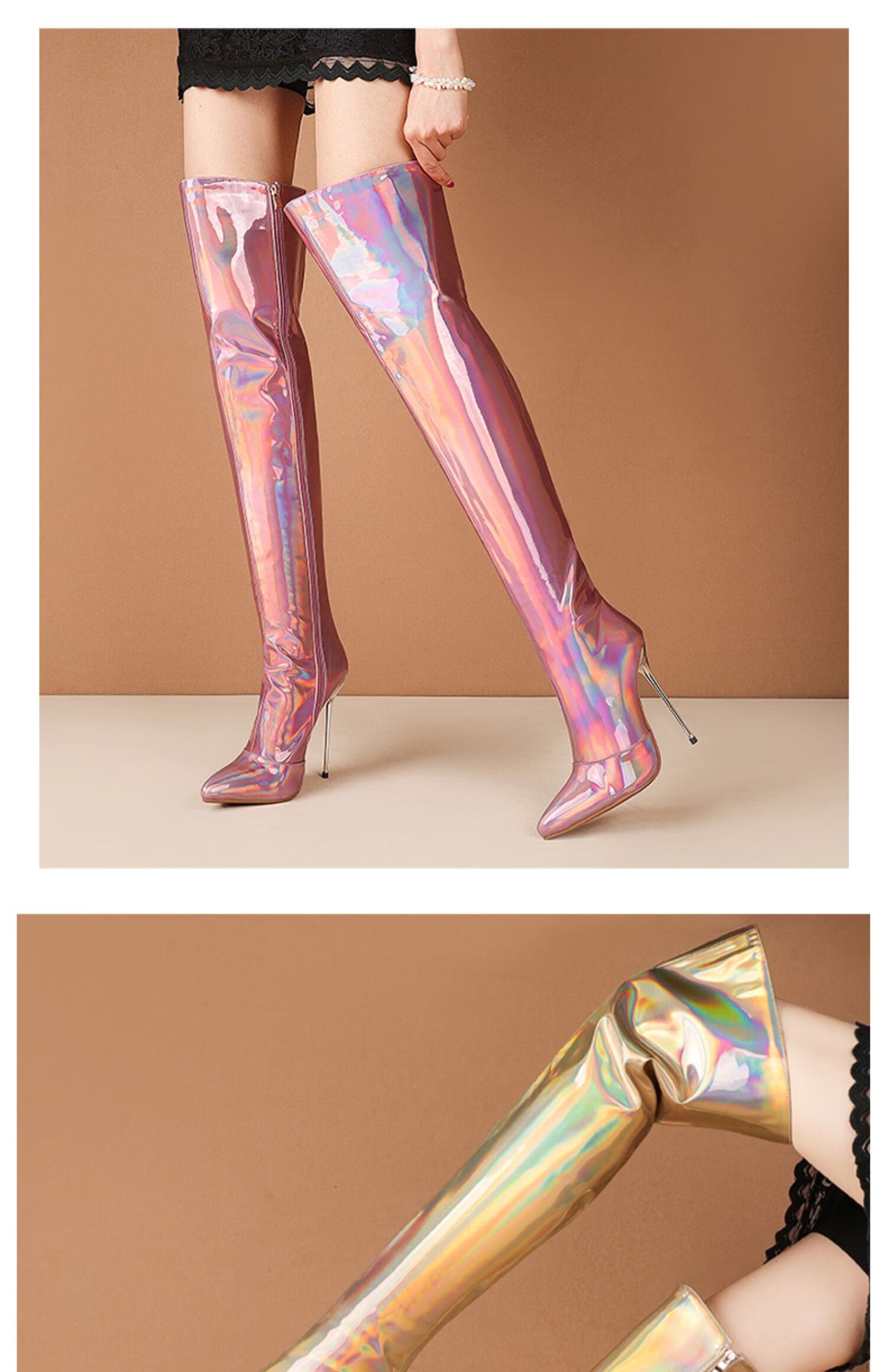 大码过膝长靴漆皮细跟2022春秋欧美长筒靴镭射高跟靴铁跟瘦瘦靴 金色