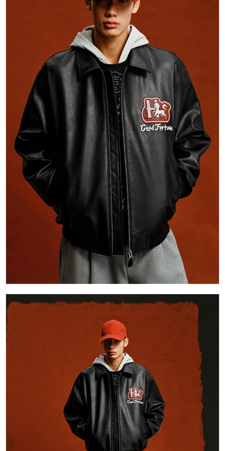 JACK&JONES Men's Jacket Horse Year Fashion Streetwear 3D Embroidery Loose Casual Lapel PU Coat 2261P3001 3