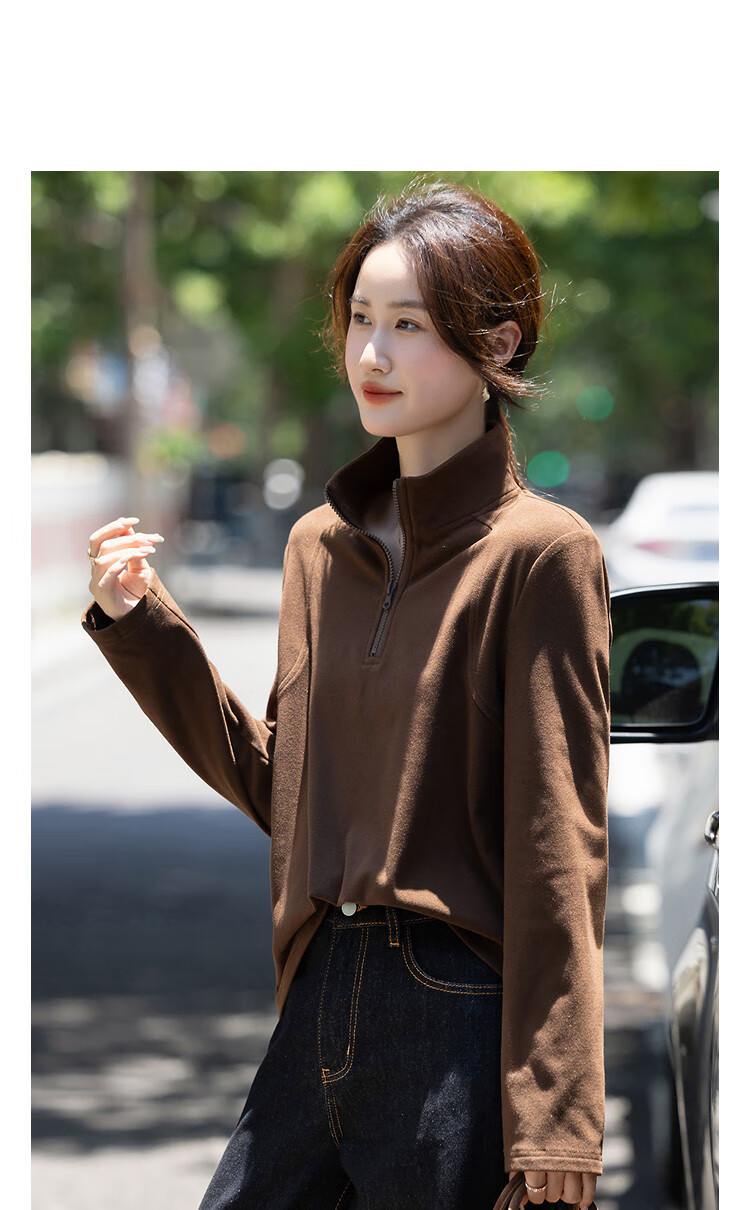 Demana [Cloud Feel Derong] Autumn Simple Style Half-Zip Stand Collar Straight Loose Small Size Sweatshirt for Women 3