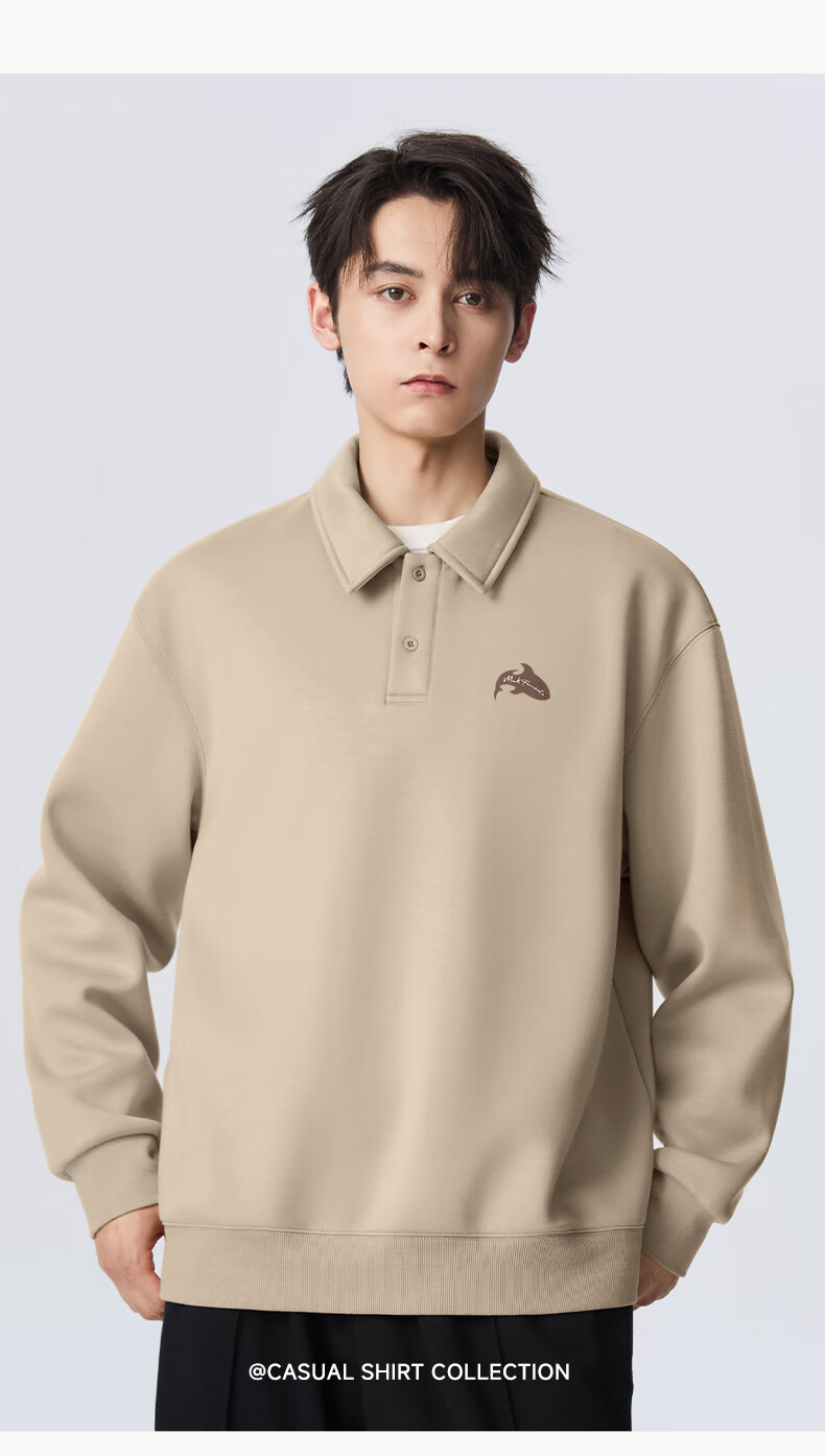 Mark Fairwhale American Heavyweight Fleece-Lined Polo Collar Casual Long Sleeve Sweatshirt Men Sand Color XL Fall/Winter 2025 9