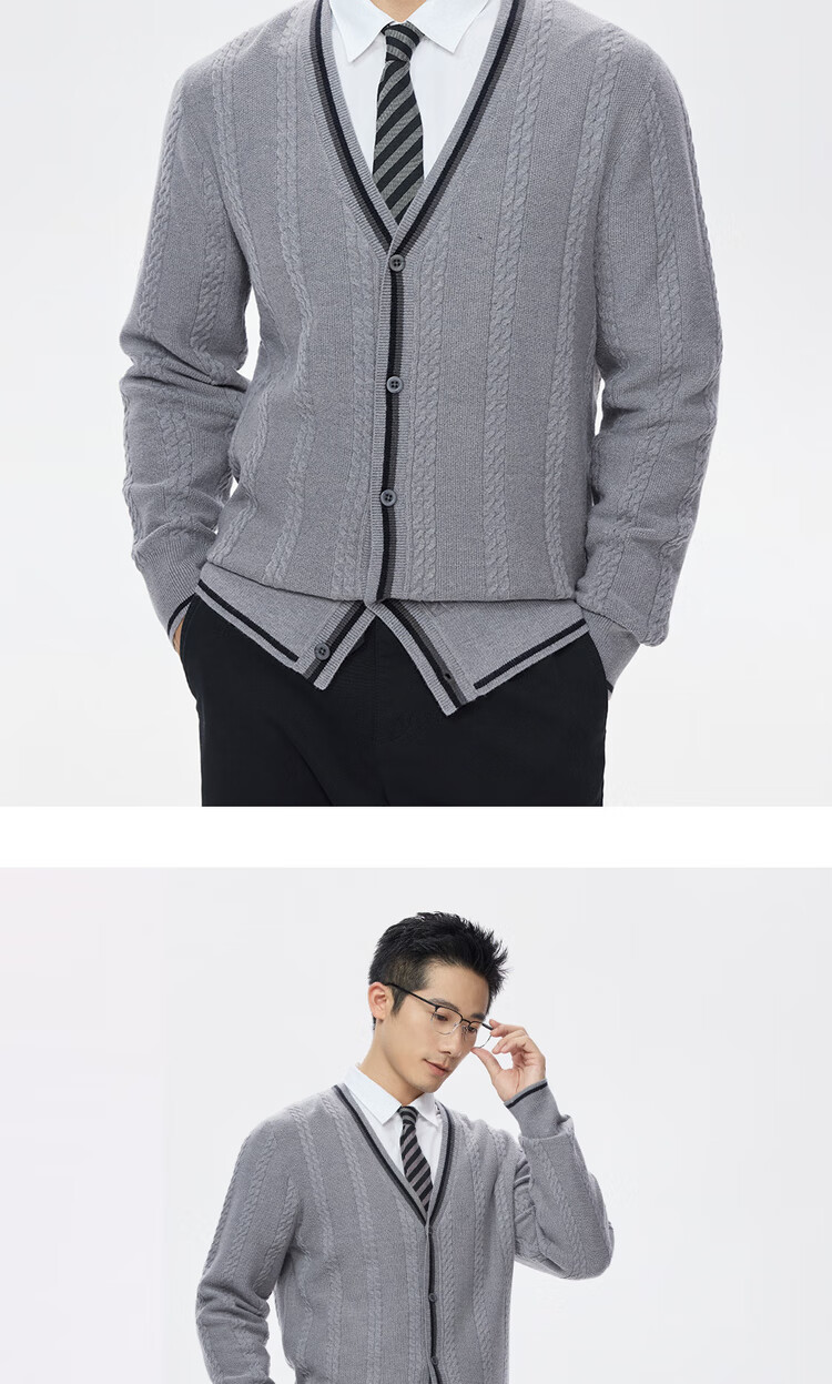 Giordano Men's Autumn Winter Knitted Cardigan V-Neck Sweater with Contrasting Edges and Twisted Floral Pattern 13055753 16