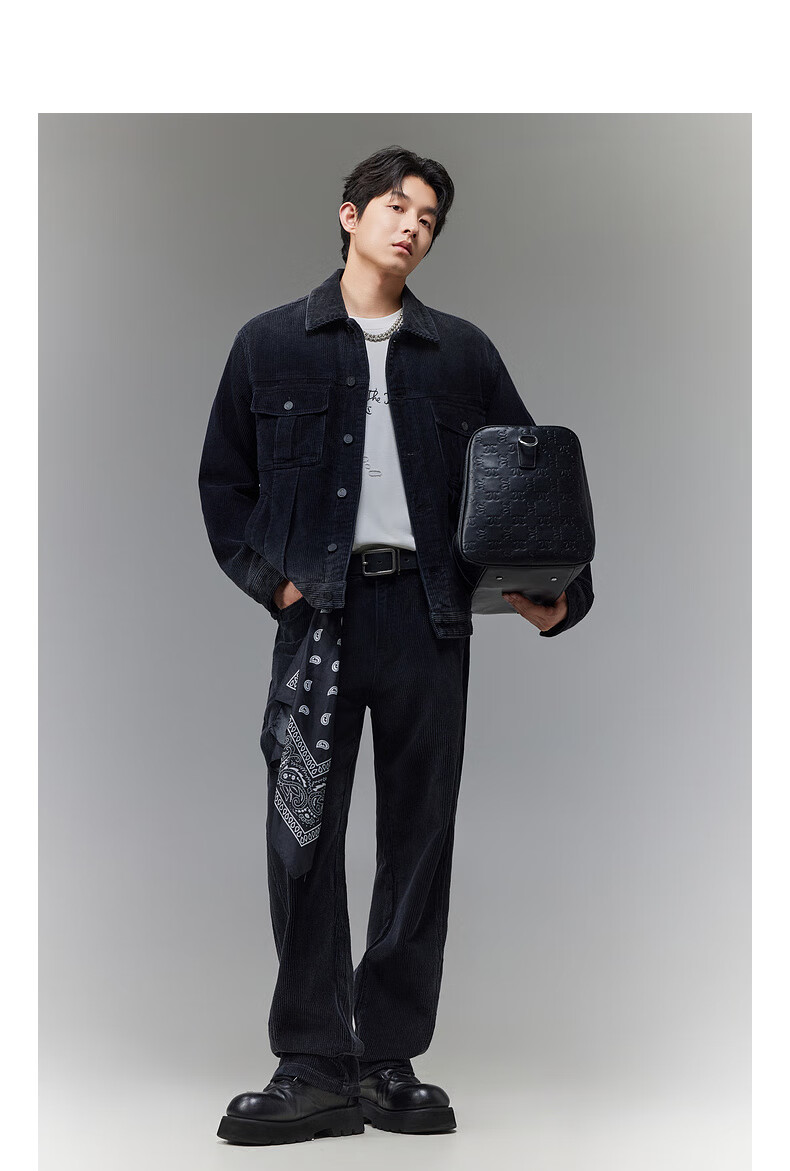 CABBEEN Black Corduroy Denim Jacket Men Gradient Washed Corduroy Denim Winter Coat 4