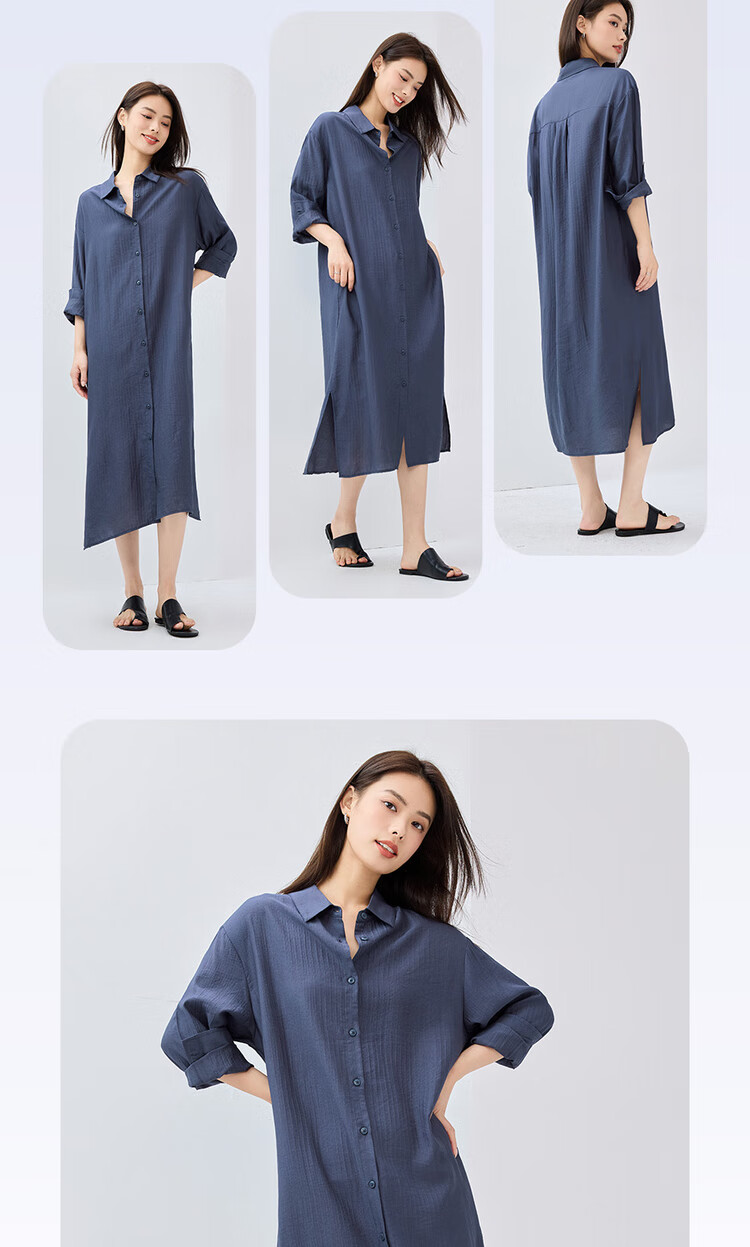 Giordano Women's Dress, 2026 Spring New Style, Side Slit with Subtle Stripes, Long-Sleeve Shirt Dress for Women, 05465070 9
