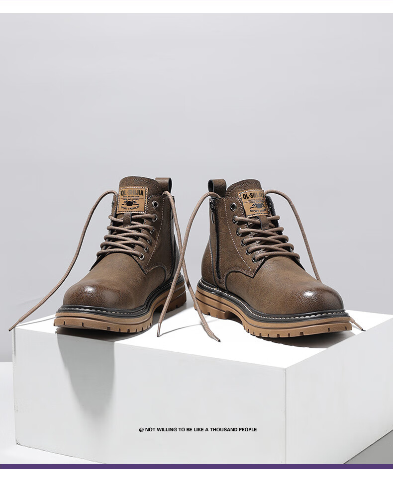 Qunlang Shijia Genuine Leather Martin Boots Men Winter Thick Sole British Retro Fashion Work Boots Fleece Lined Shoes 11