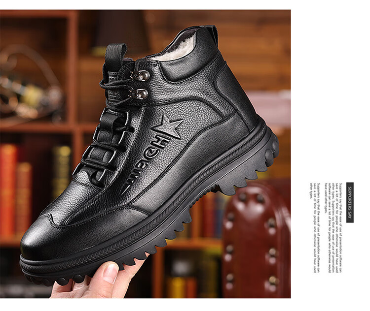 Hengyuanxiang Men's First Layer Cowhide Leather Winter Fleece-lined Martin Boots New Snow Boots Cotton Shoes J6388 Black Size 43 6