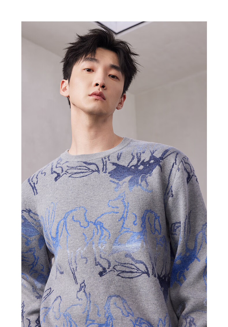 CABBEEN 100% Combed Cotton Men's Artistic Pattern Jacquard Gradient Yarn Winter Long Sleeve Sweater 12