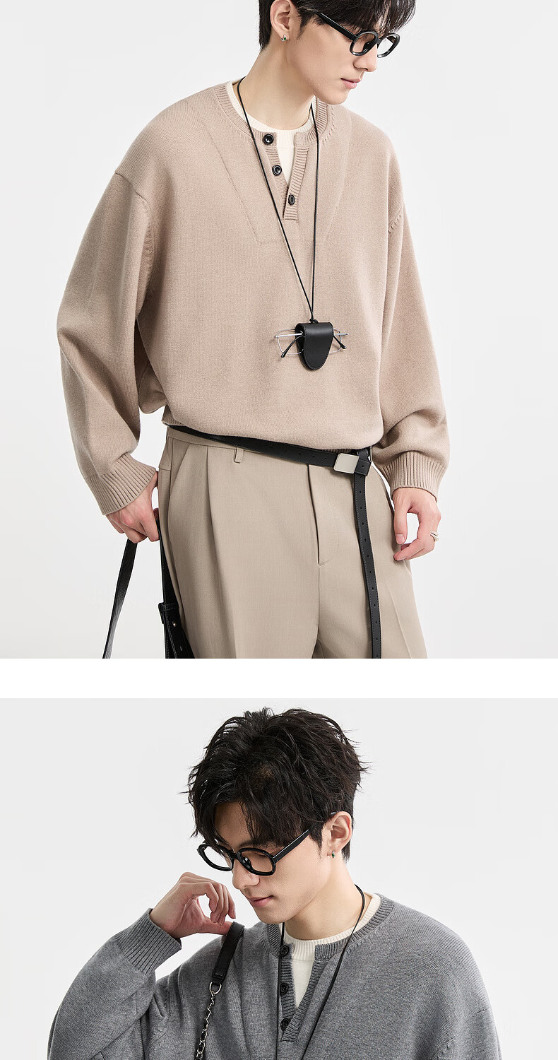 Earl Zuoer Wool Blend Two-in-One Henry Collar Autumn 2025 Long Sleeve Knit Base Shirt Men's Colorblock Sweater 11