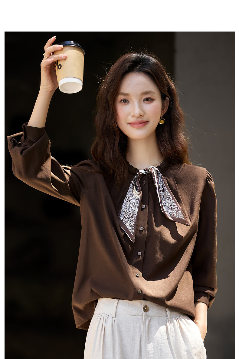 Vimly Vintage Scarf Tie Round Neck Linen Blend Shirt Women Spring New Dark Roast Brown M 6