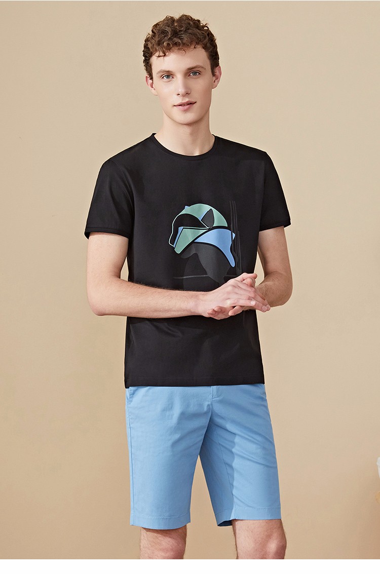 lampo/蓝豹新品男士夏季时尚休闲印花豹子棉弹圆领短袖t恤衫 黑色xb