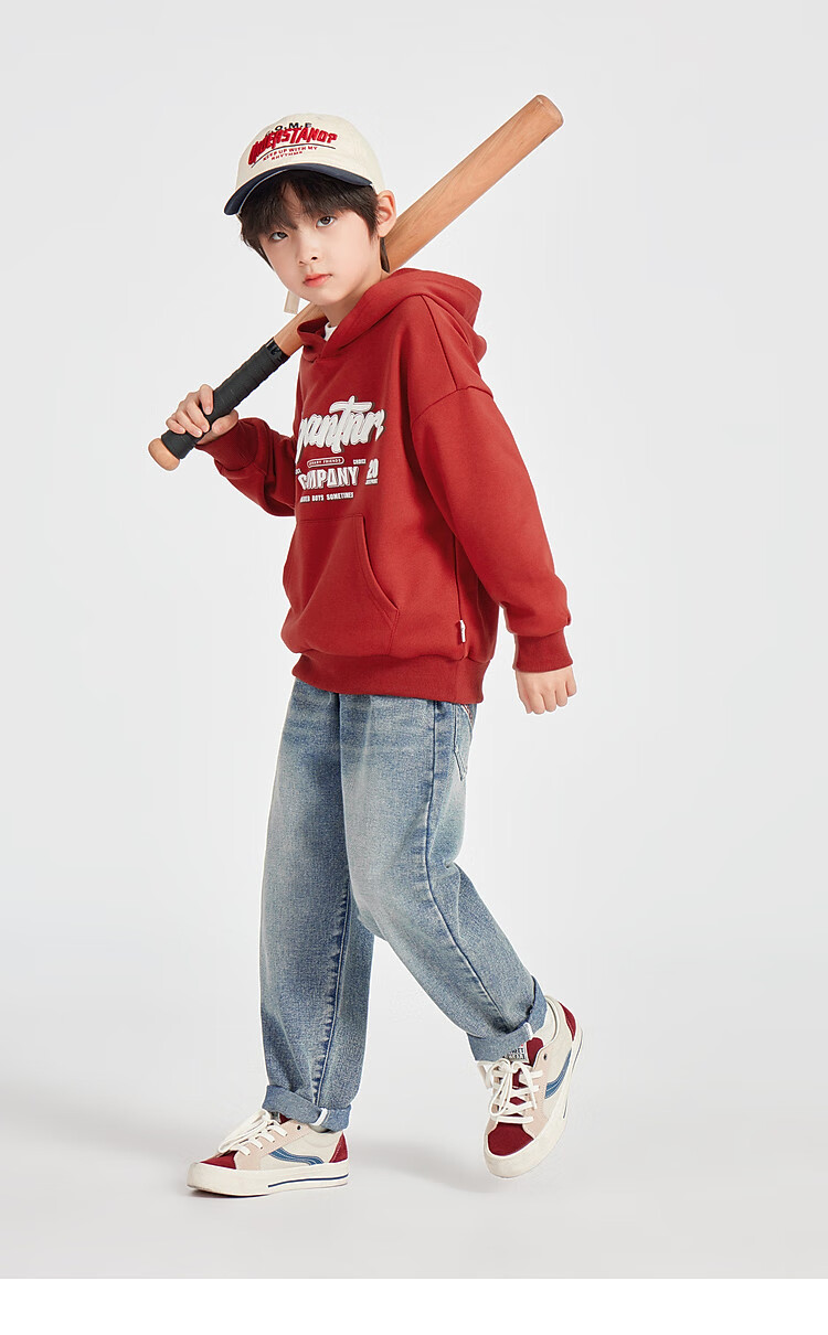 Duoduo Home [Kangaroo Pocket] Boys' Red Hoodie Sportswear Casual Spring American Letter Print Top for Older Children 9