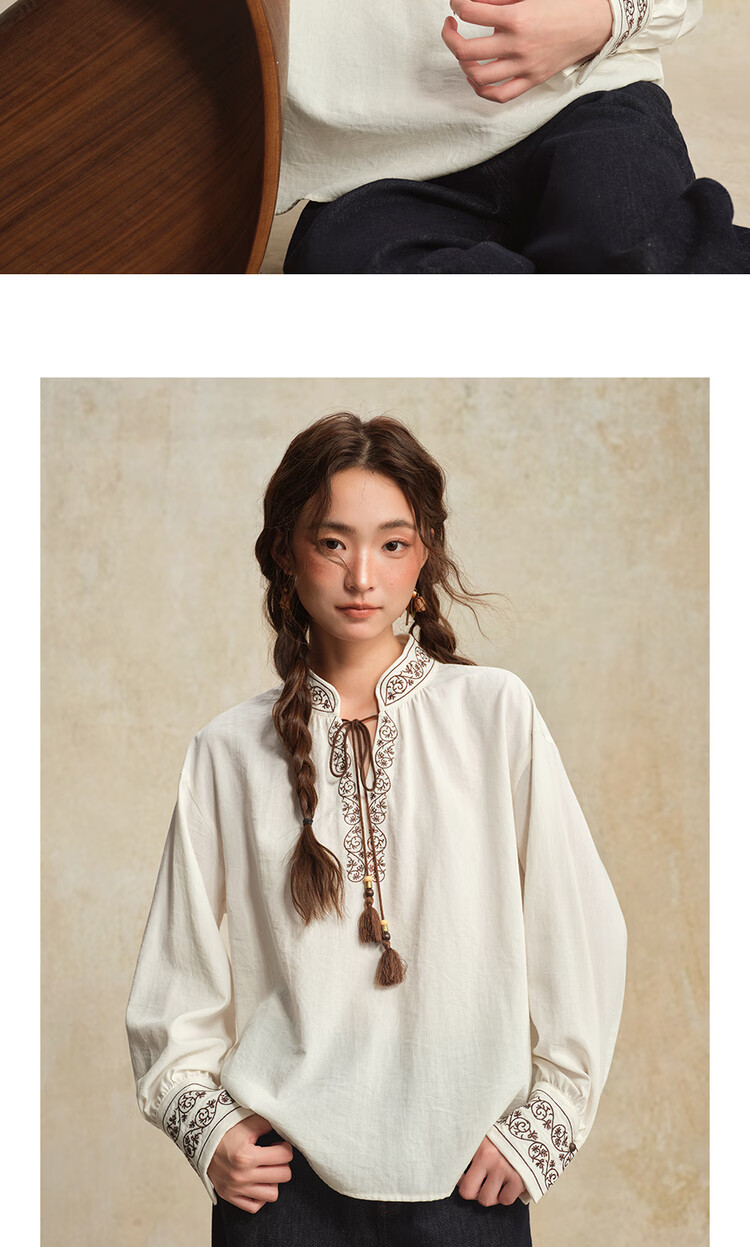 Giordano Designer Women's New Chinese Style Embroidered Tie-Up Stand Collar Loose Long Sleeve Shirt 18345828 12