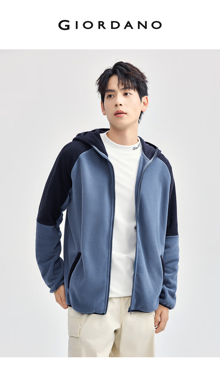 Giordano Men's Fleece Jacket Autumn Winter Colorblock Raglan Casual Hooded Fleece Jacket 13075804 1