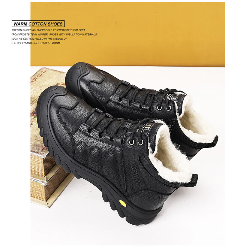 Hengyuanxiang Men's First Layer Cowhide Autumn Winter Fleece-lined Martin Boots Lace-up Work Cotton Shoes J0998 Black 39 4